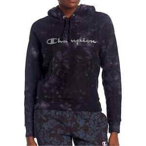 Champion tie-dye black hoodie with foil logo